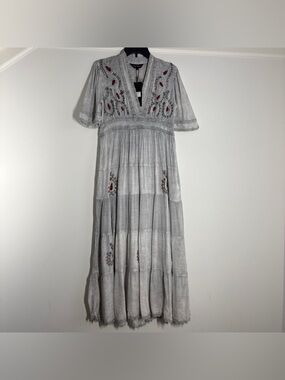 Young Threads Grey Hand-Aari Embroidered V-Neck Tiered Maxi Dress NWT